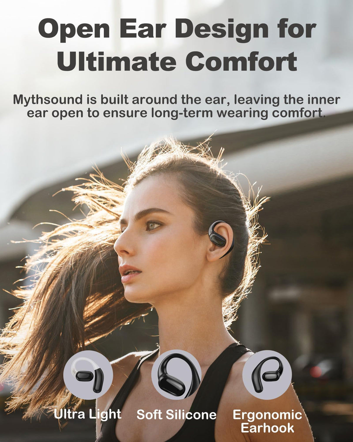 Mythsound 13mm drivers deliver clear stereo with punchy bass while keeping ears open.