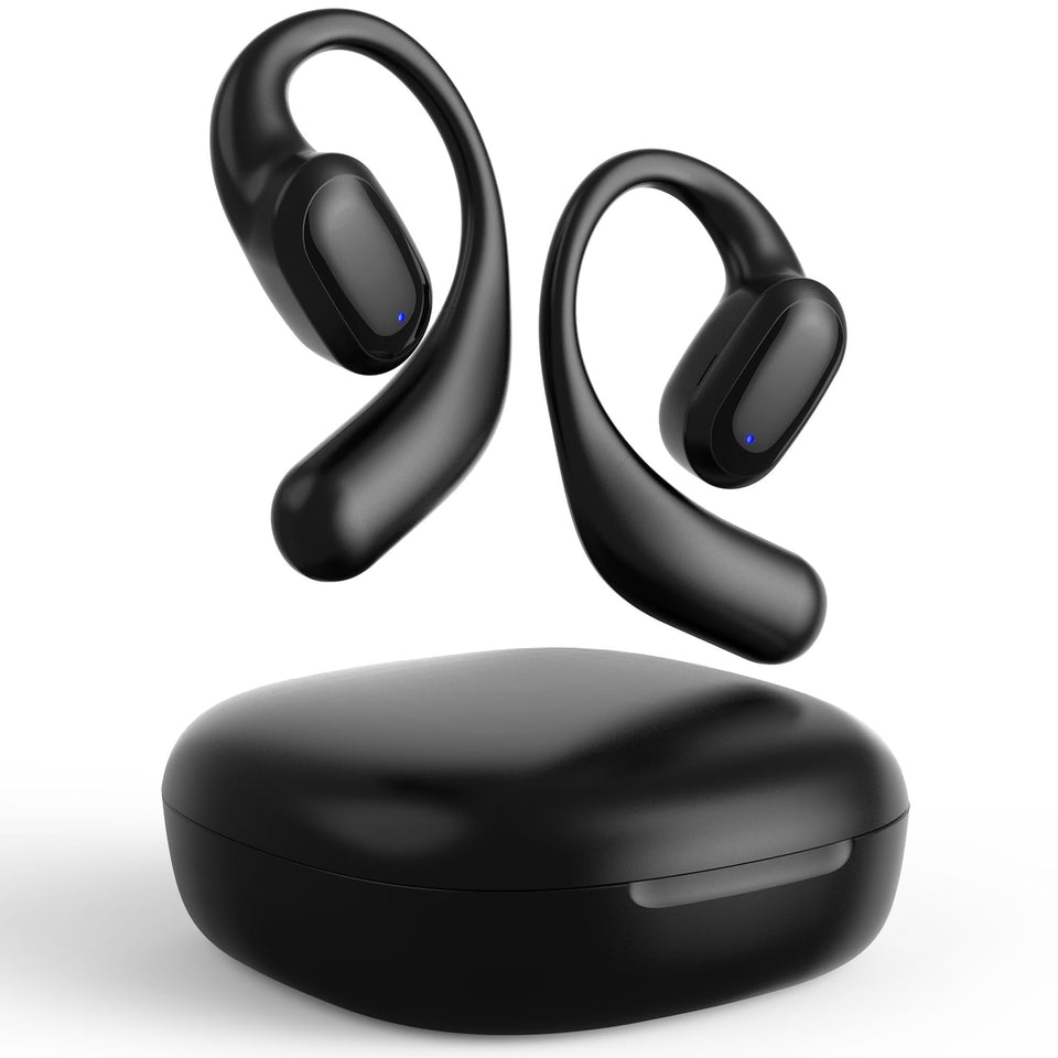Mythsound open-ear headphones design sit securely around the ear for sustained comfort during activities.