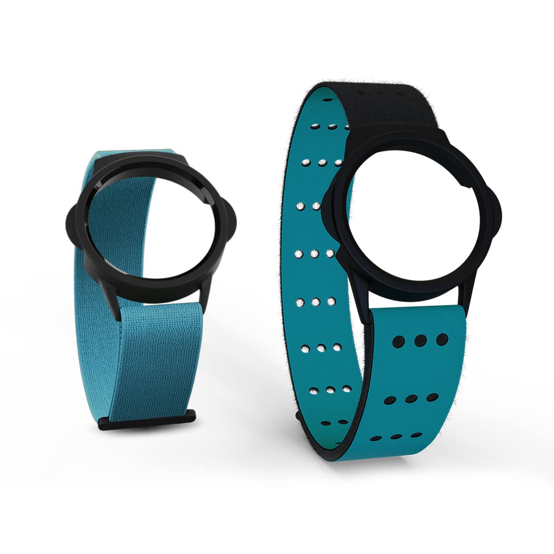 MYZONE aqua front packaging showing both wrist and forearm straps and vibrancy benefit