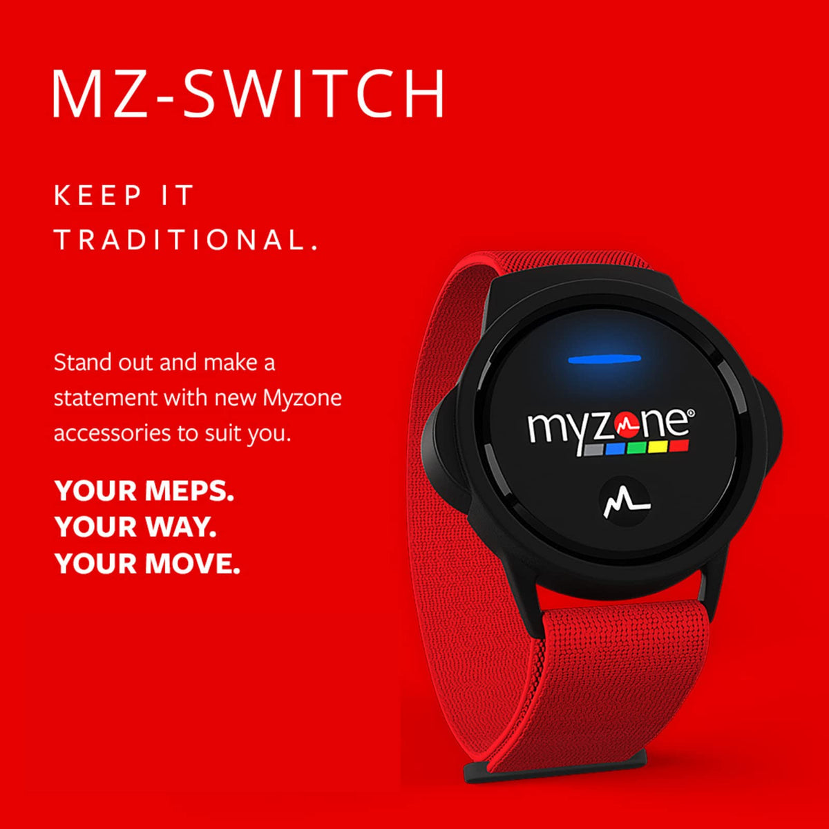 Myzone forearm strap closeup red showing reinforced stitching for durable long-term use