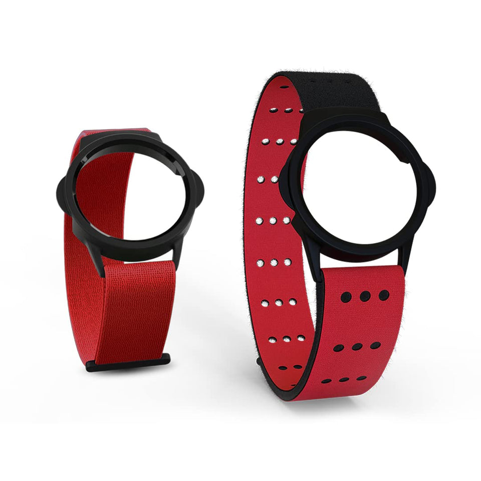Myzone front view red replacement straps showing secure module fit and quick replacement benefit