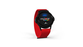 Myzone wrist strap closeup red highlighting soft elastic fabric for comfortable wear during workouts