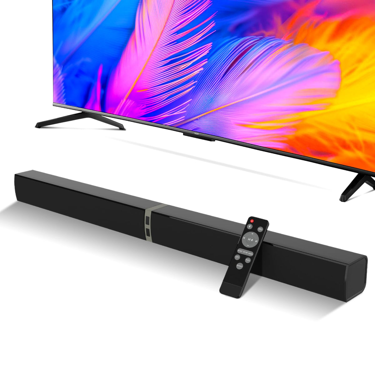 MZEIBO Sound Bar front view showing powerful 80W delivery for immersive TV audio