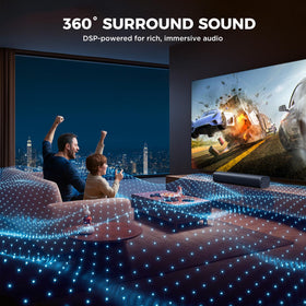 MZEIBO soundbar close-up grille highlighting driver detail and improved clarity