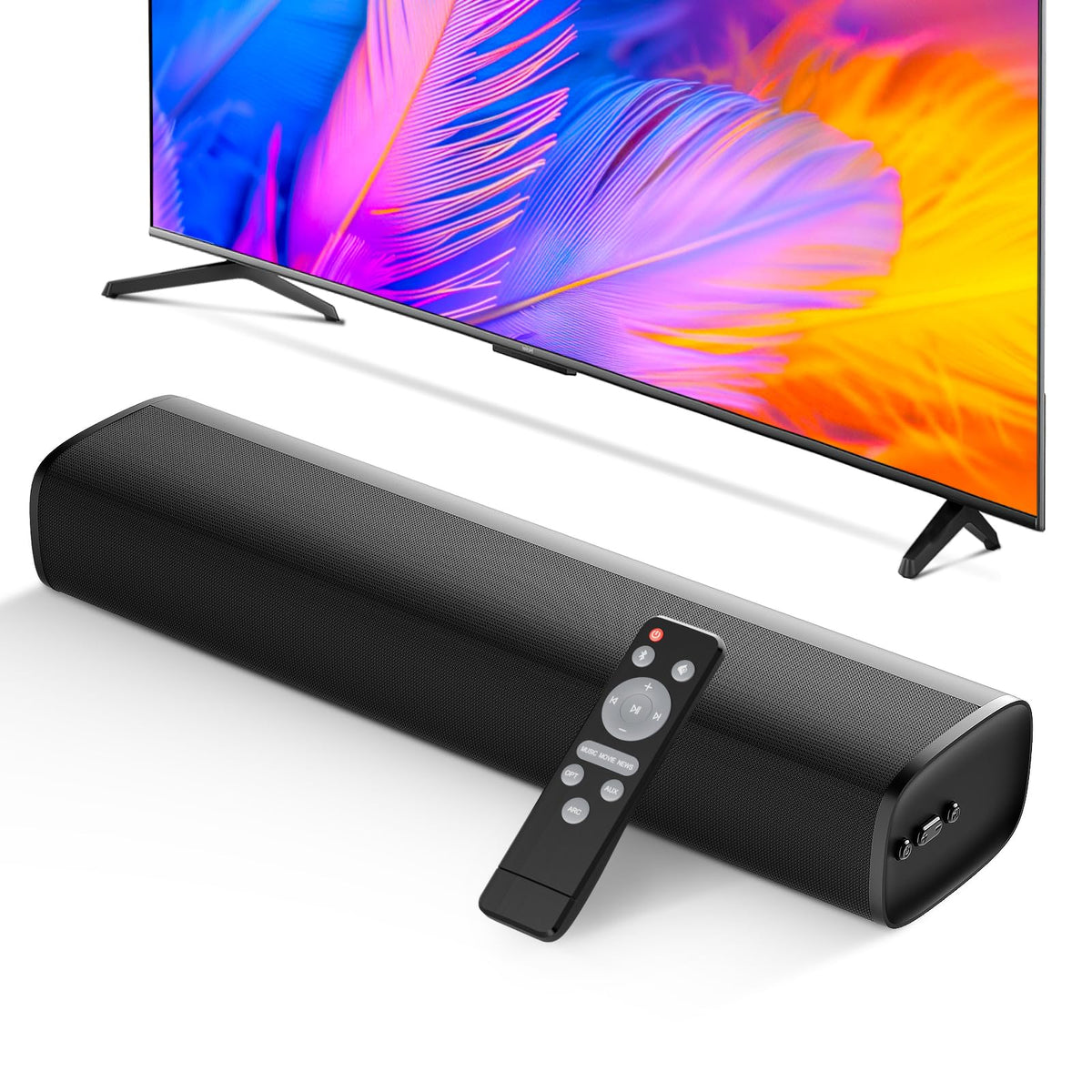 MZEIBO soundbar front view showing slim profile and clear audio benefit