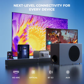 MZEIBO soundbar in a living room creates a cinematic atmosphere for movies and games