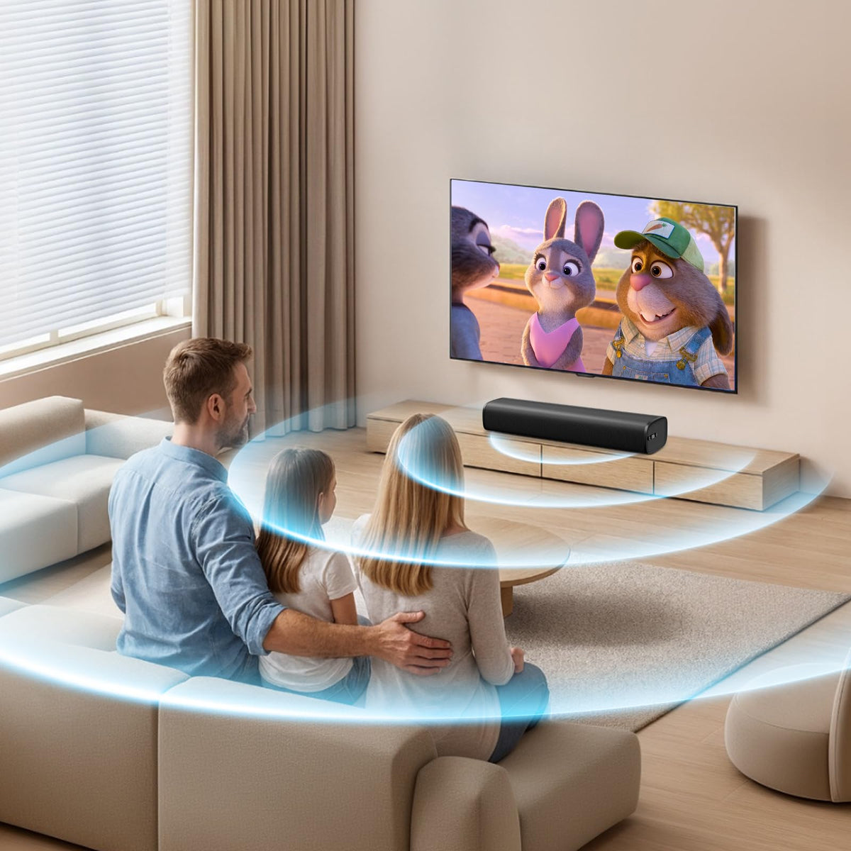 MZEIBO soundbar packaging and accessories showing easy setup and included cables
