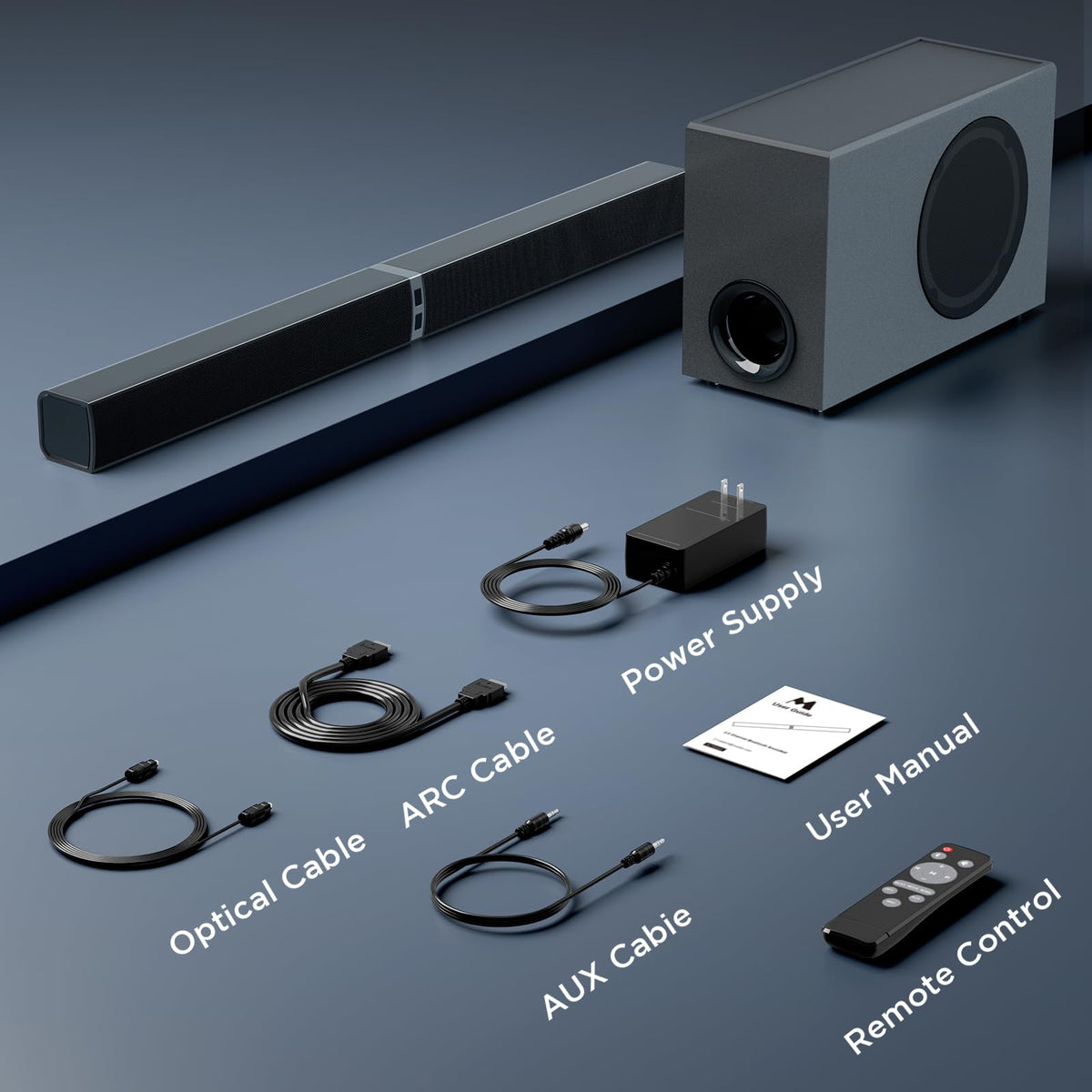 MZEIBO soundbar packaging includes all essentials for quick setup and immediate enjoyment
