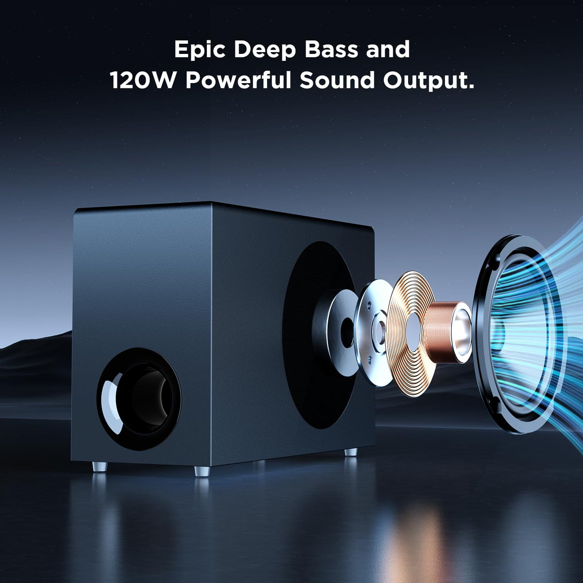 MZEIBO soundbar rear panel shows ARC, Bluetooth, and Optical ports for versatile connections