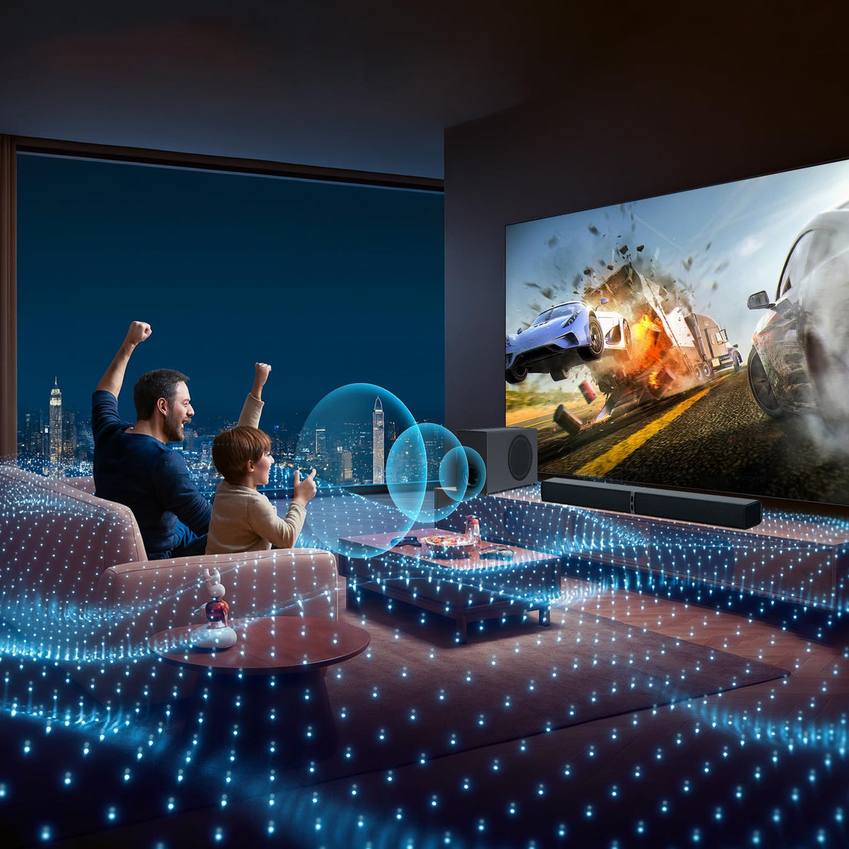 MZEIBO soundbar side-angle profile shows a slim, elegant form under most TVs