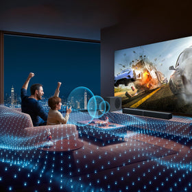 MZEIBO soundbar side-angle profile shows a slim, elegant form under most TVs