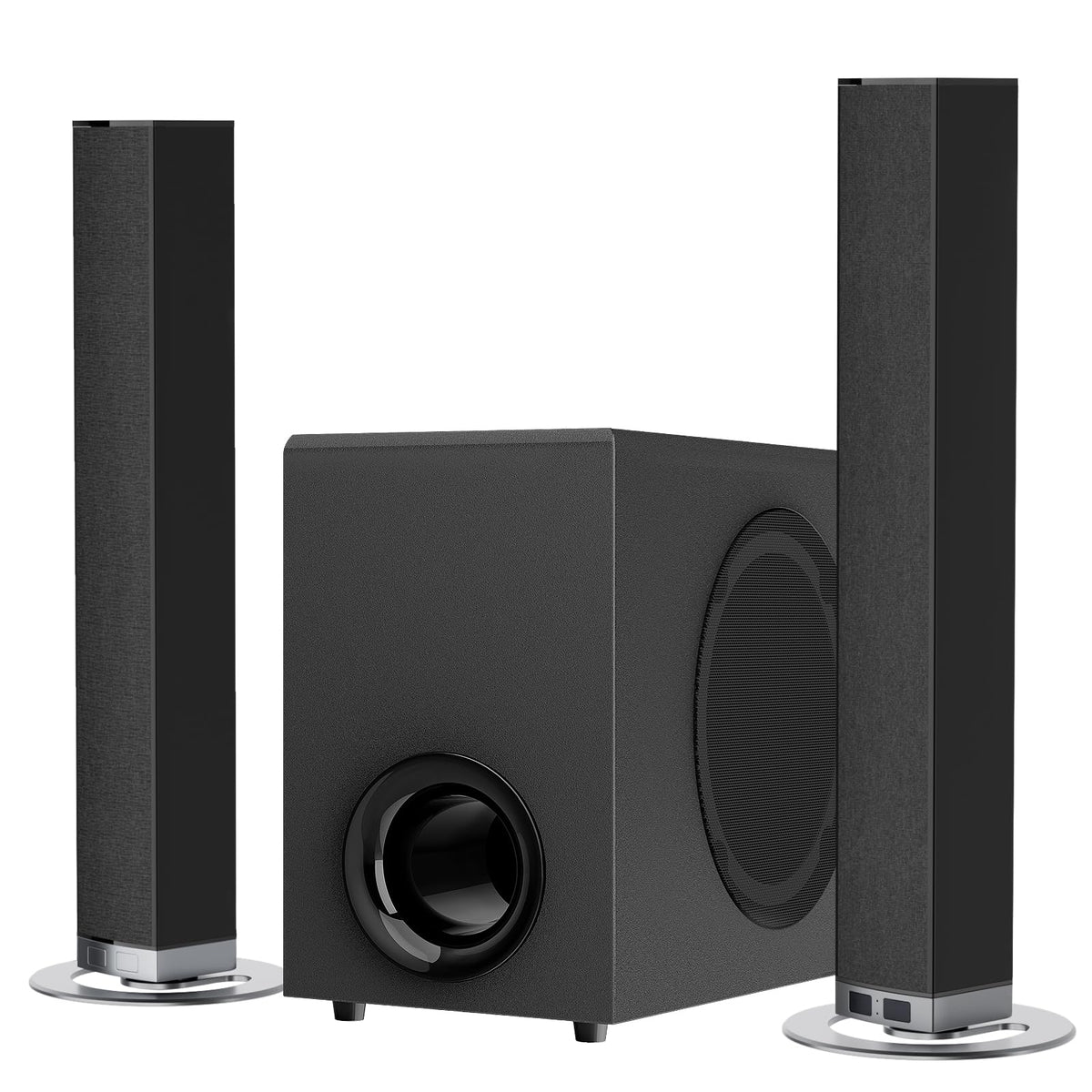 MZEIBO soundbar subwoofer close-up, deep bass for dynamic music and action