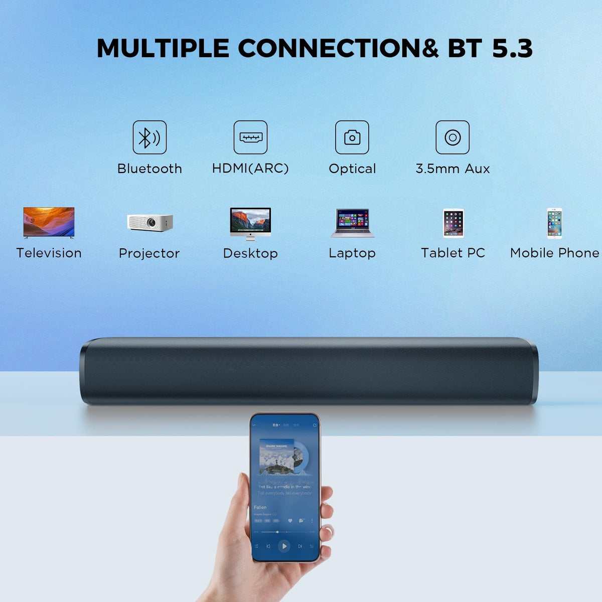 MZEIBO soundbar placed under TV showing stronger dialogue and cinematic benefit
