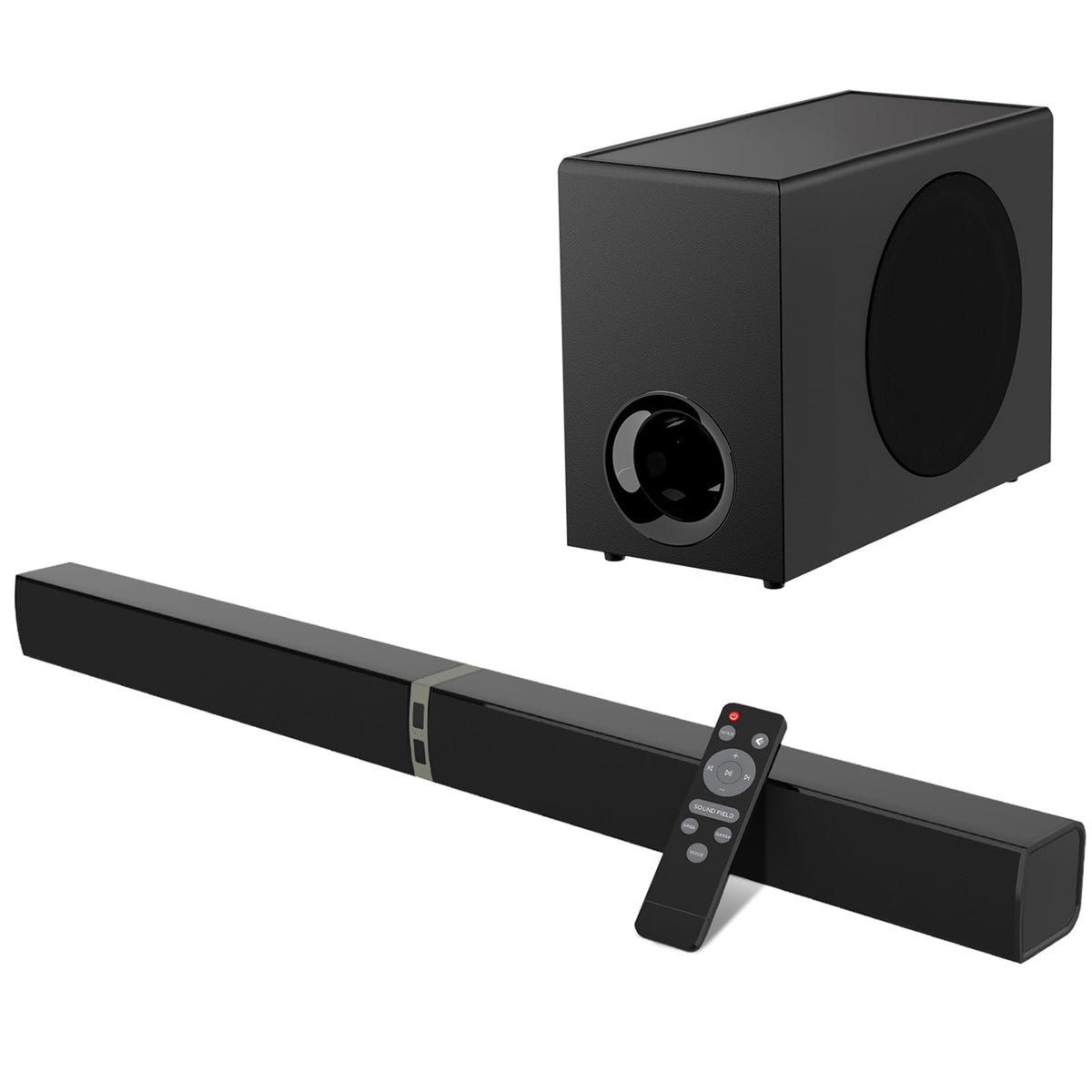 MZEIBO soundbar with subwoofer, front view, immersive home theater audio for movies