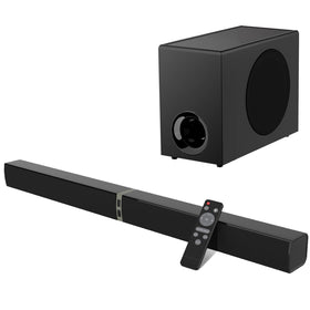 MZEIBO soundbar with subwoofer, front view, immersive home theater audio for movies