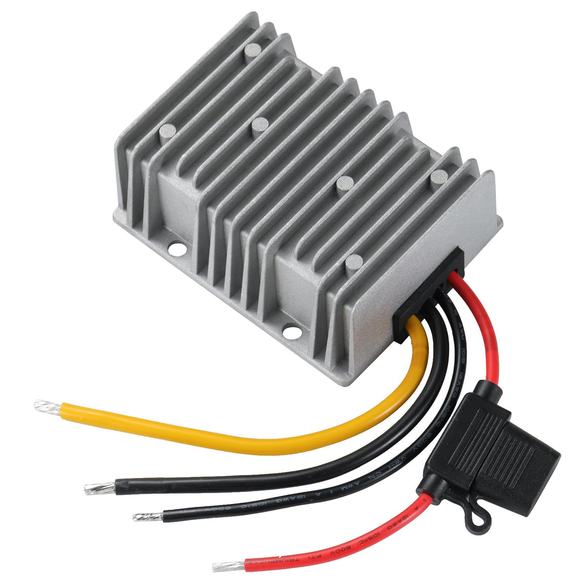 MZHOU 24V to 12V buck converter front view showing rugged industrial design and connection ports.