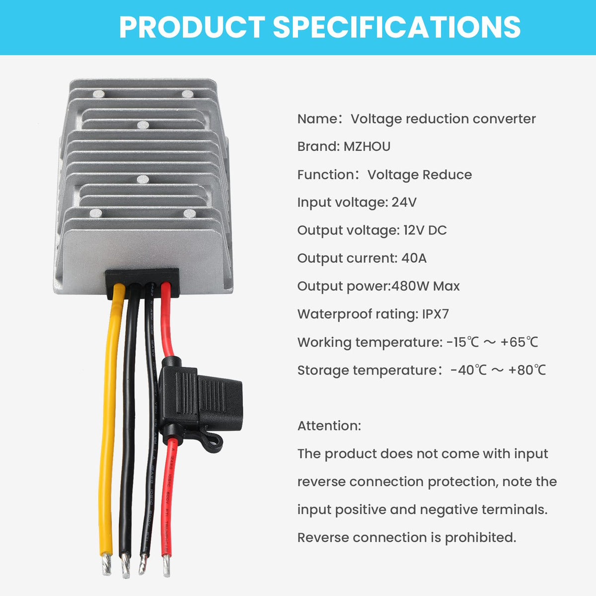 MZHOU 24V to 12V buck converter side view for compact installations.