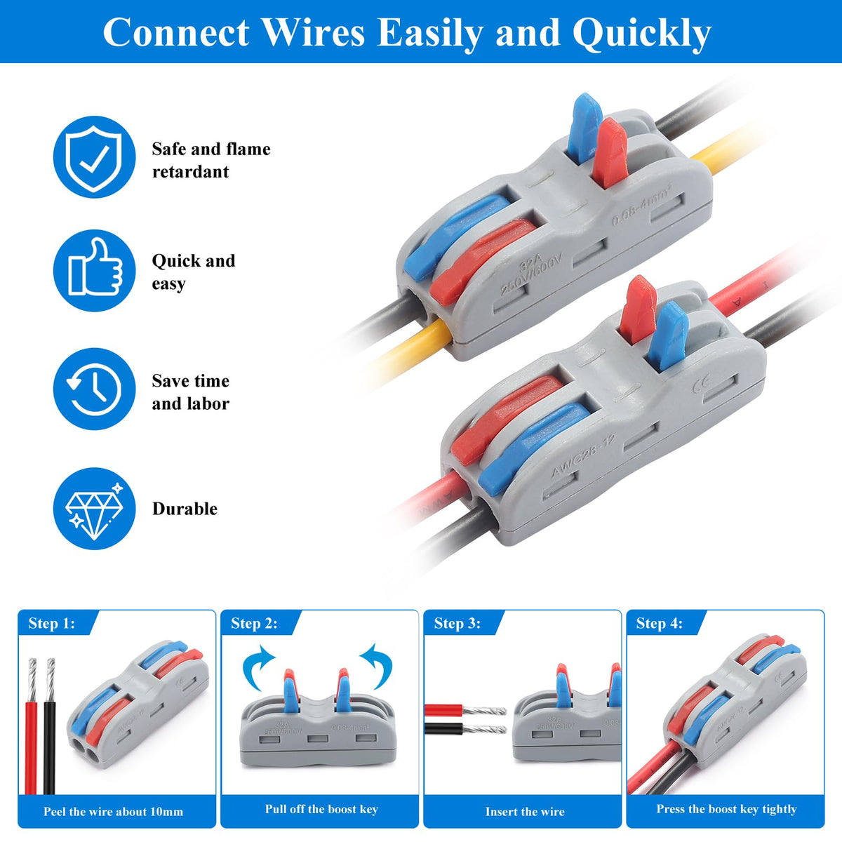 Lever-nut terminal connection for quick, tool-free wiring