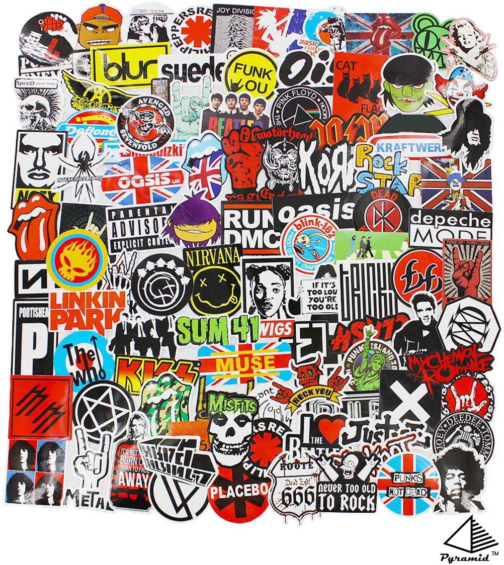 MZLK Band Stickers Pack: rock-roll decals for laptops and cars, waterproof.