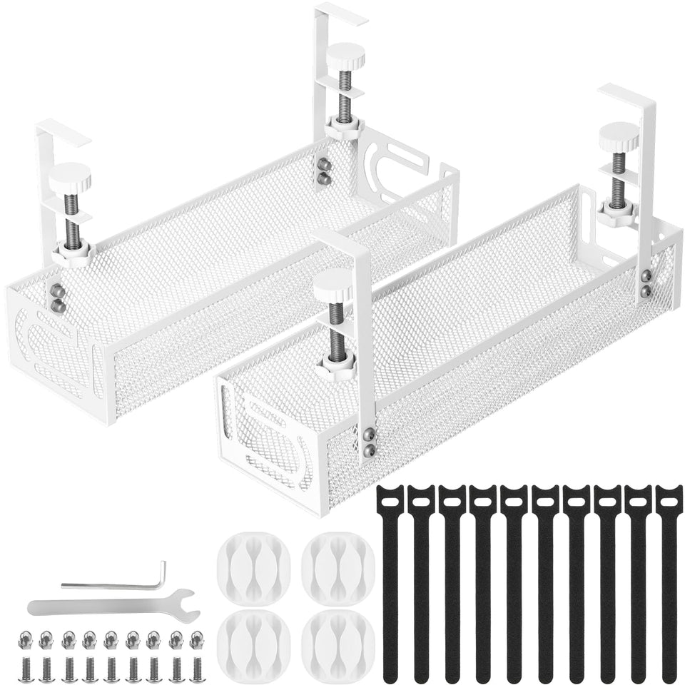 Mzmaxy front view of white under-desk tray showing tidy cable storage benefit