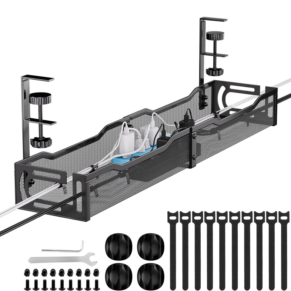 Mzmaxy front view of 25-inch under-desk cable tray showing neat storage benefit