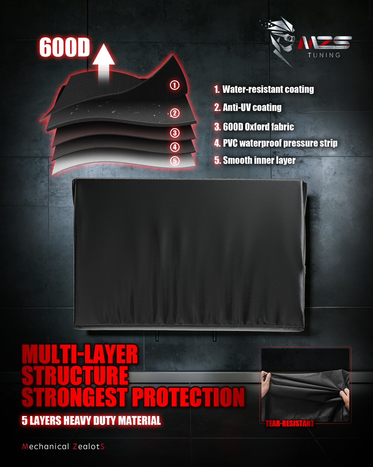 MZS close-up of 600D fabric texture showing waterproof protection