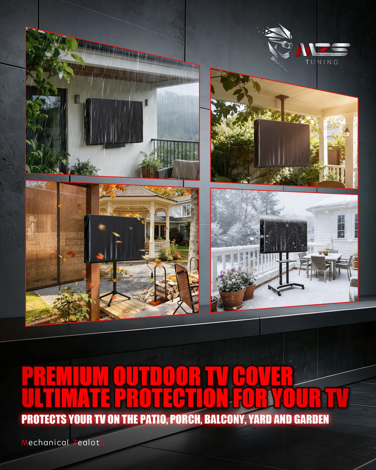MZS lifestyle patio scene showing covered TV protecting electronics