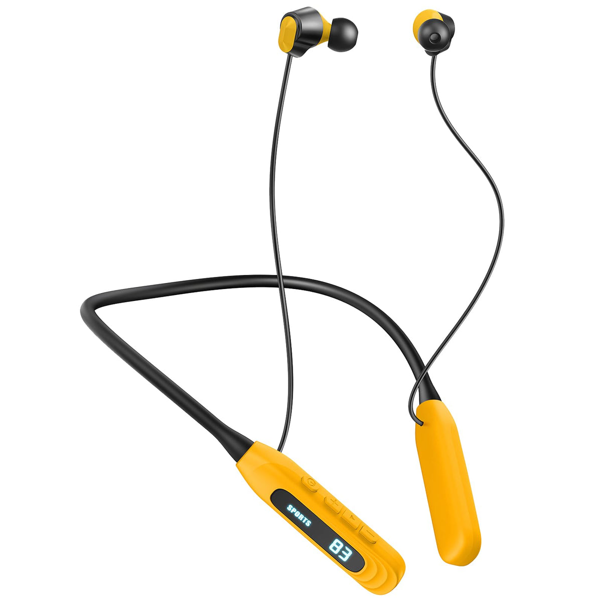 MZYQCY front packaging showing yellow neckband earbuds and benefits