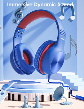 Nabevi Kids Headphones glaze blue in use during online class with mic.