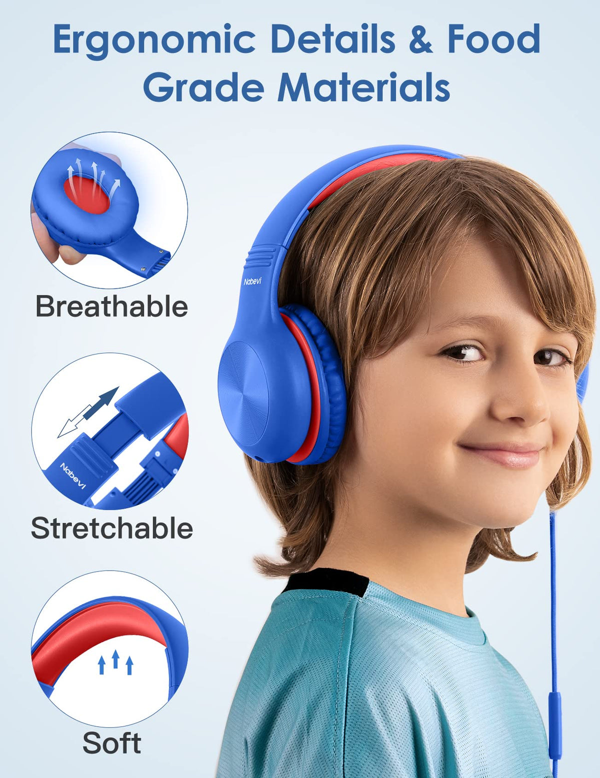 Nabevi Kids Headphones glaze blue lightweight build reduces head strain.