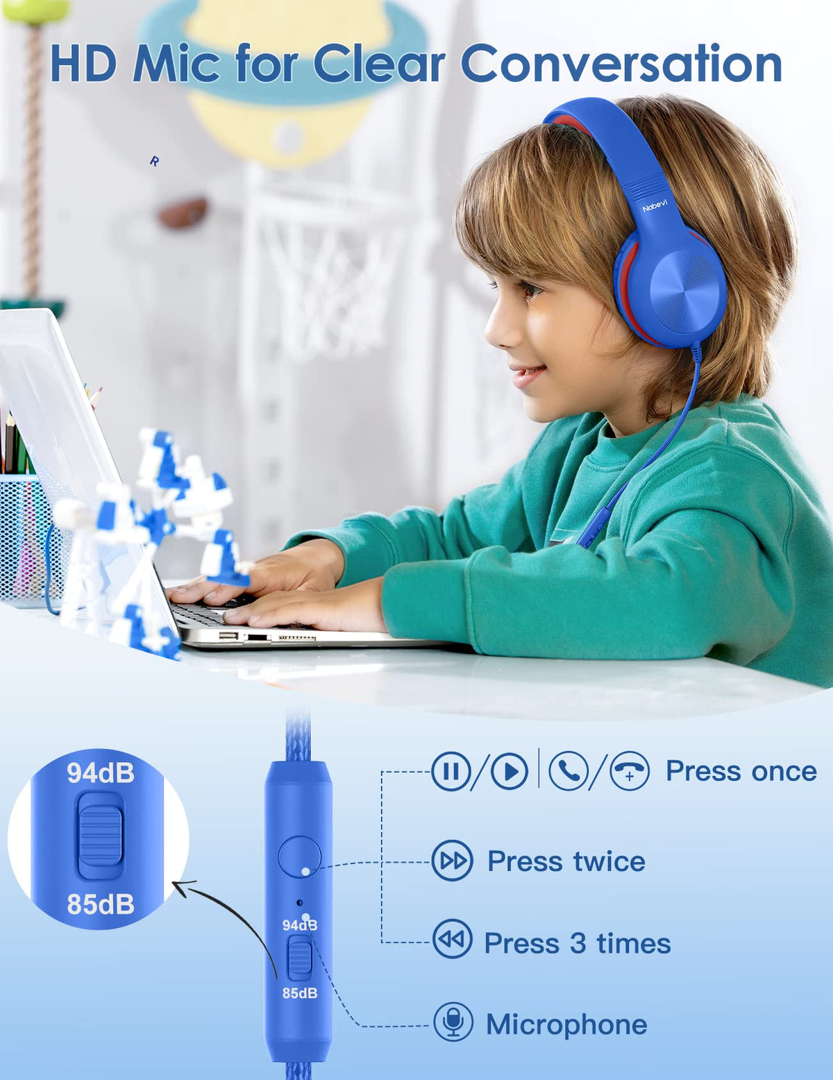 Nabevi Kids Headphones glaze blue with microphone for clear school calls.
