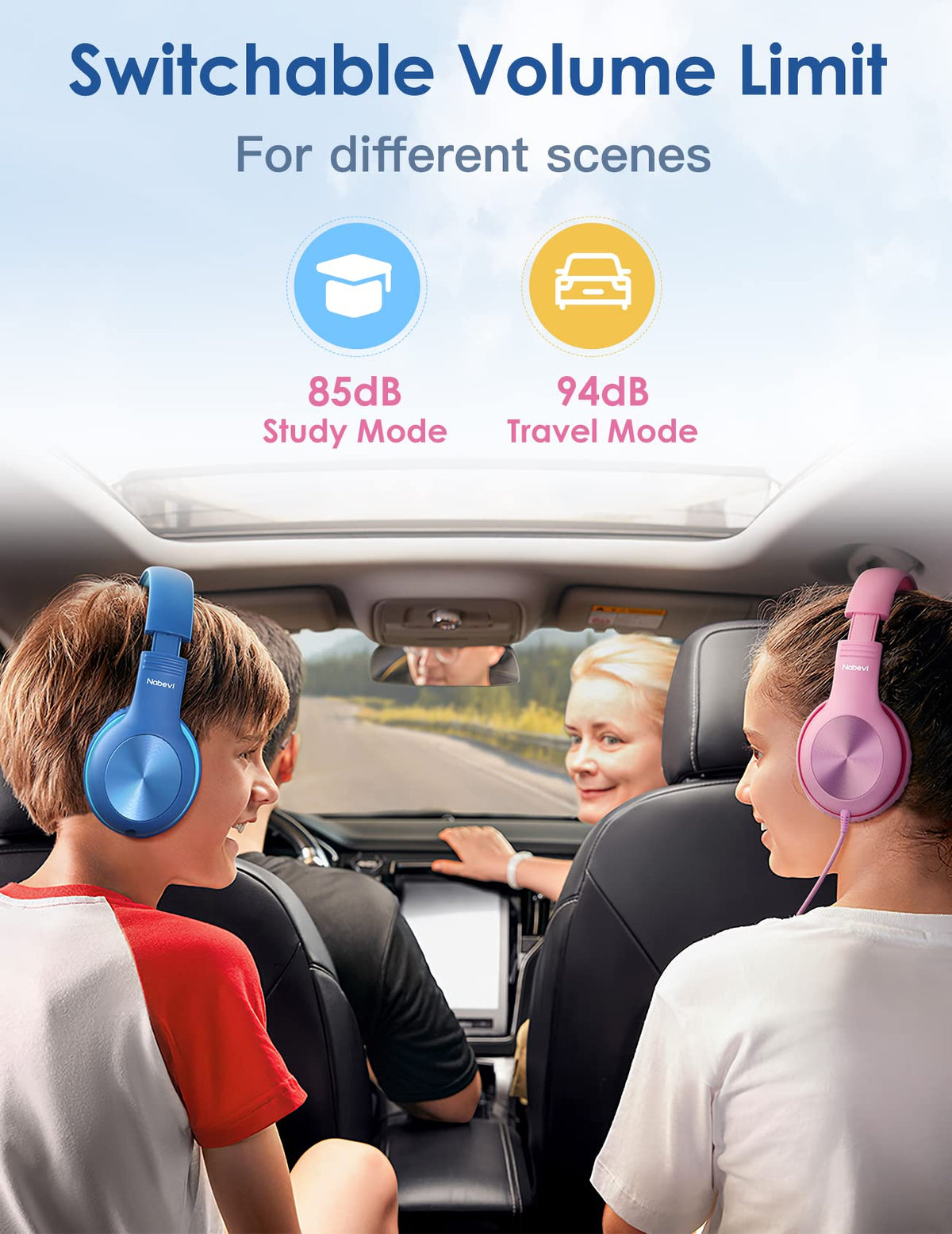 Nabevi Kids Headphones on table illustrating wired connection with 3.5mm plug.