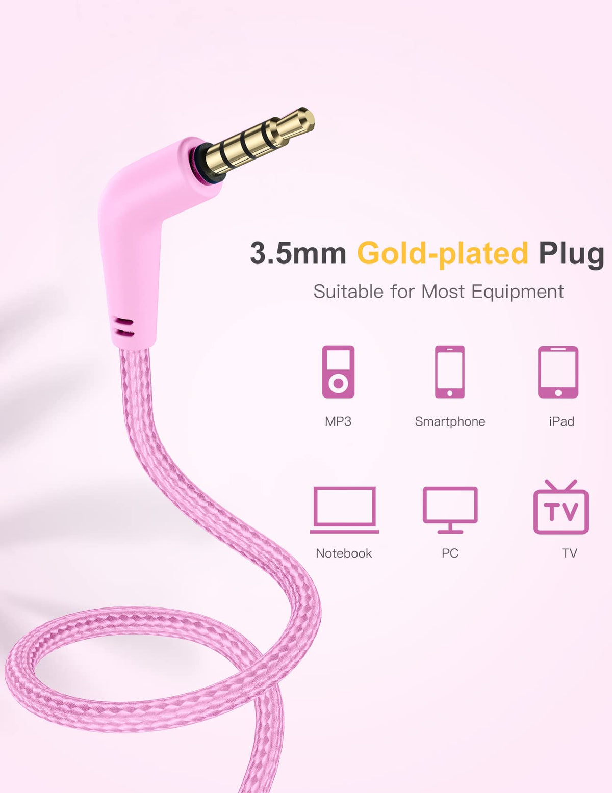 Nabevi Kids Headphones pink adjustable headband, grows with your child