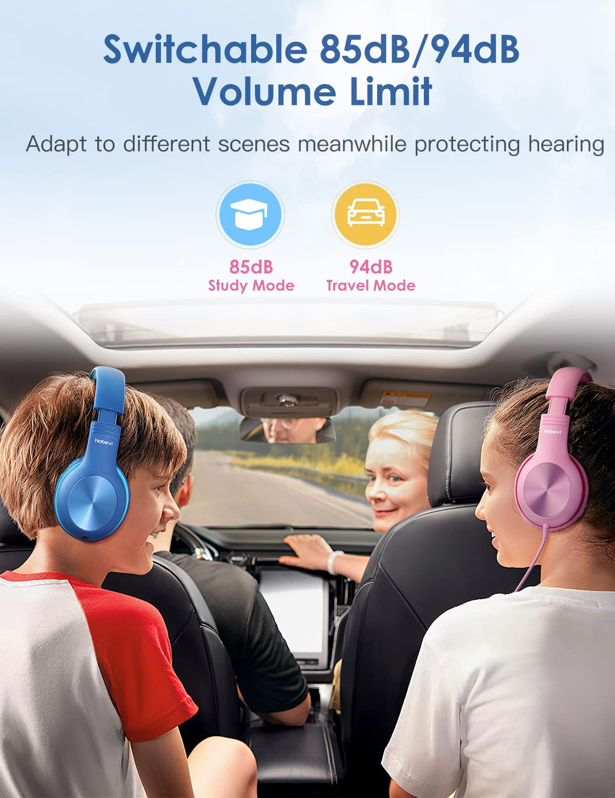 Nabevi Kids Headphones pink lightweight design, gentle on young heads