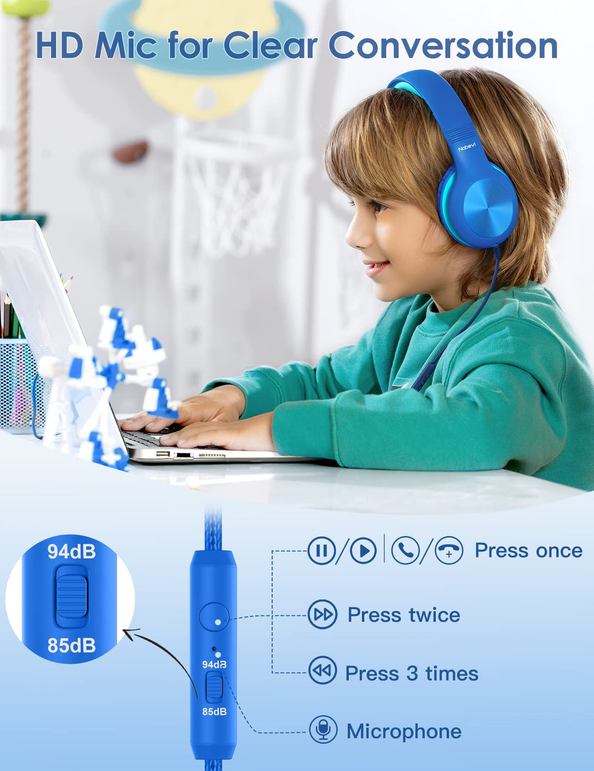 Nabevi Kids Headphones shareport jack enables dual listening with another headset.