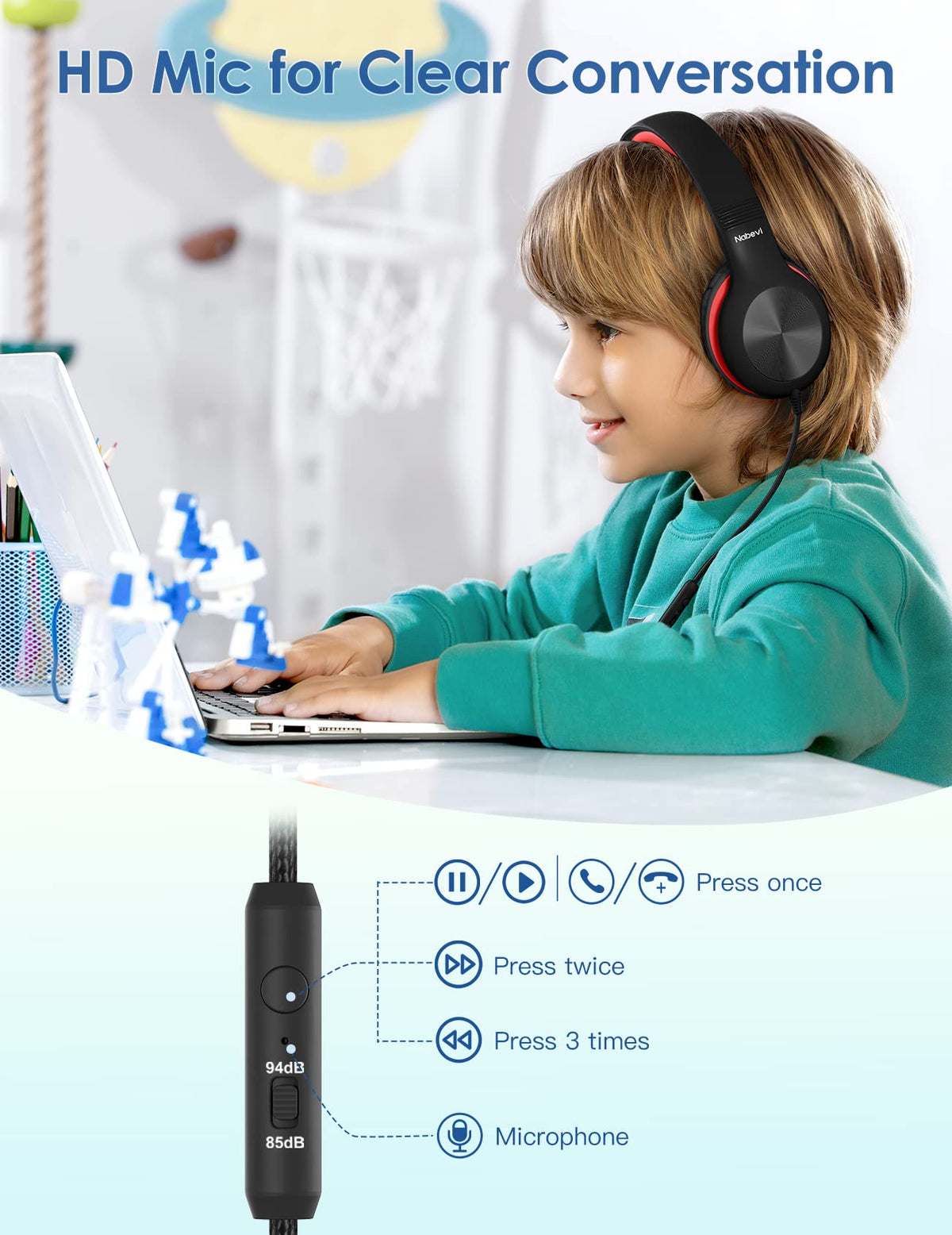 Nabevi kids headphones sharing jack enables simultaneous listening