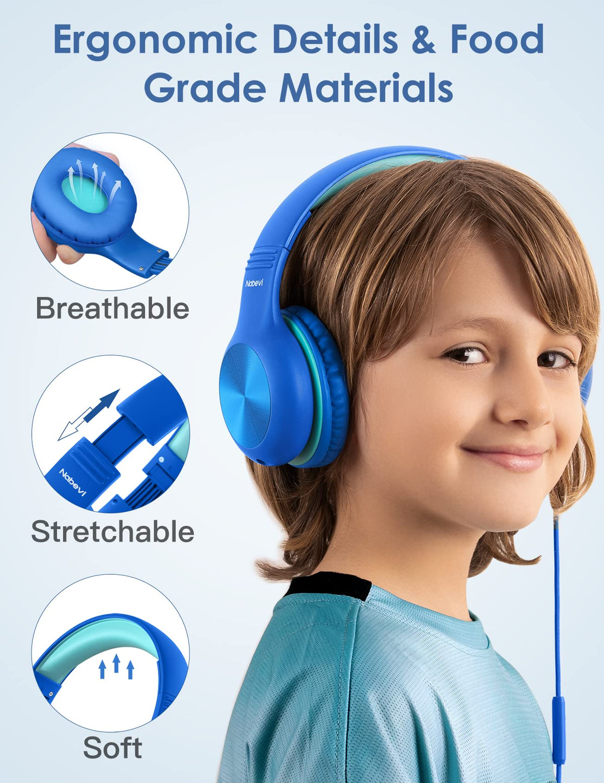 Nabevi Kids Headphones side view showing comfortable over-ear design for long study sessions.