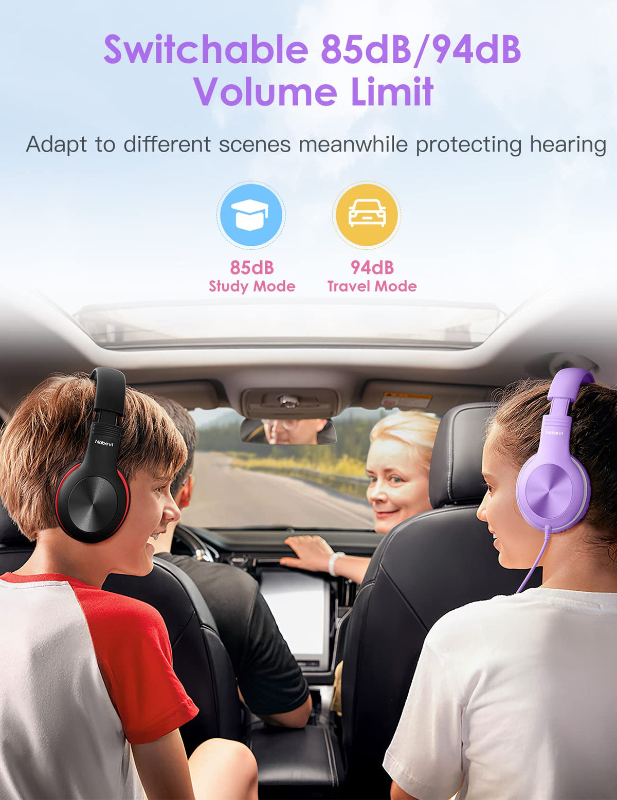 Nabevi kids headphones soft ear cushions reduce pressure