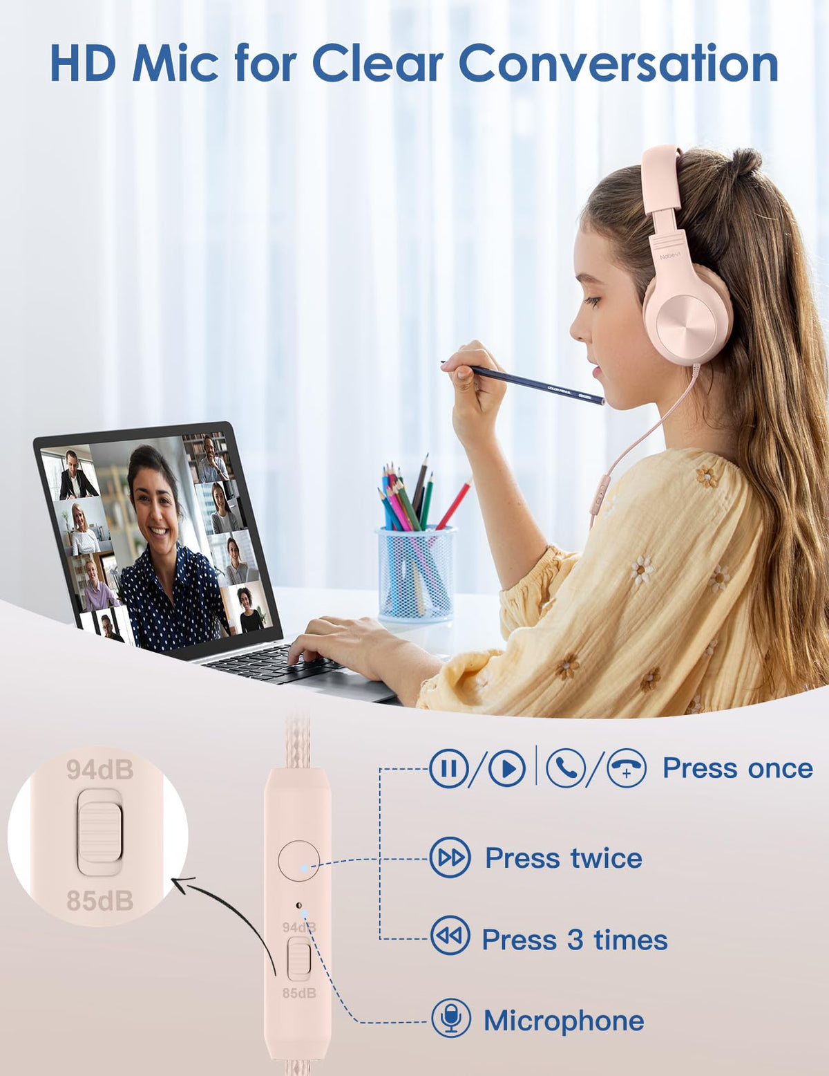 Nabevi Kids Headphones volume limit dial shows safe listening option for kids.
