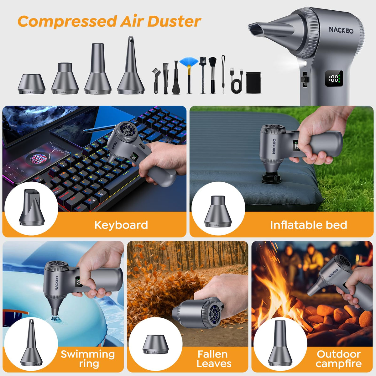 NACKEO K100 accessory set with five nozzles and six brushes for versatile tasks