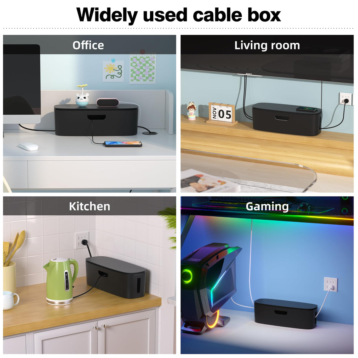 Naeety black cable box blends with furniture and reduces cord chaos