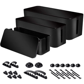 Naeety front view of three black cable organizer boxes showing tidy storage benefit