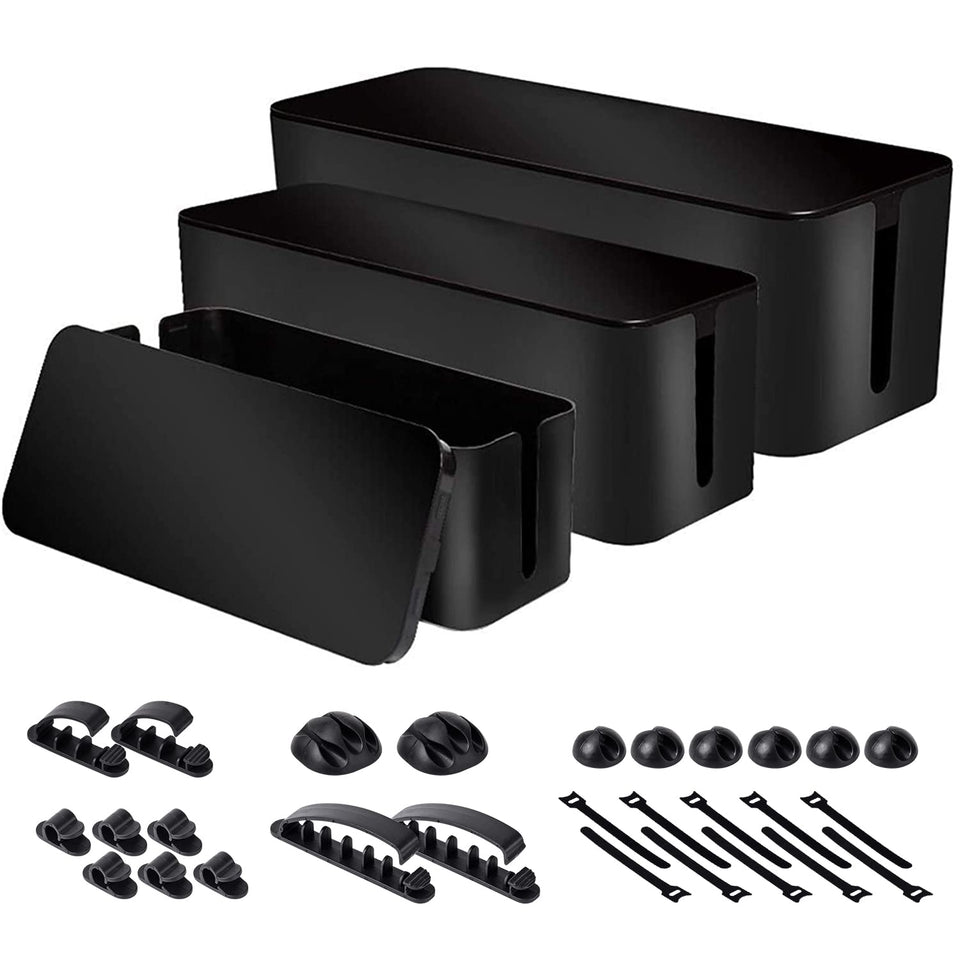 Naeety front view of three black cable organizer boxes showing tidy storage benefit