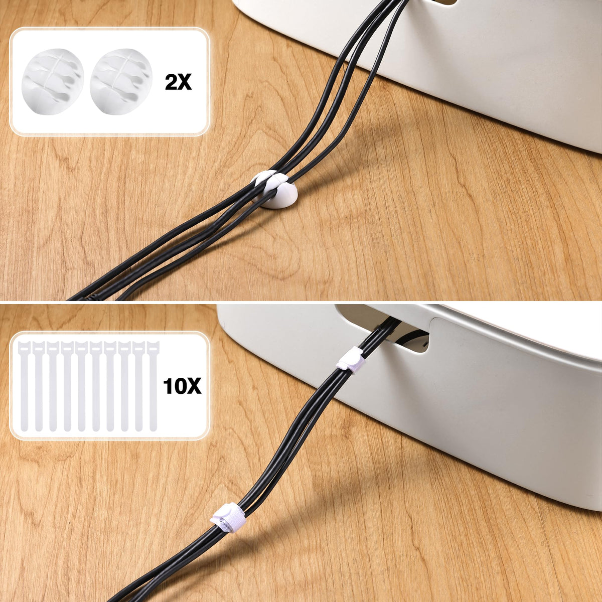 Naeety Cable Management Box large white close-up with clips and ties for tidy cables