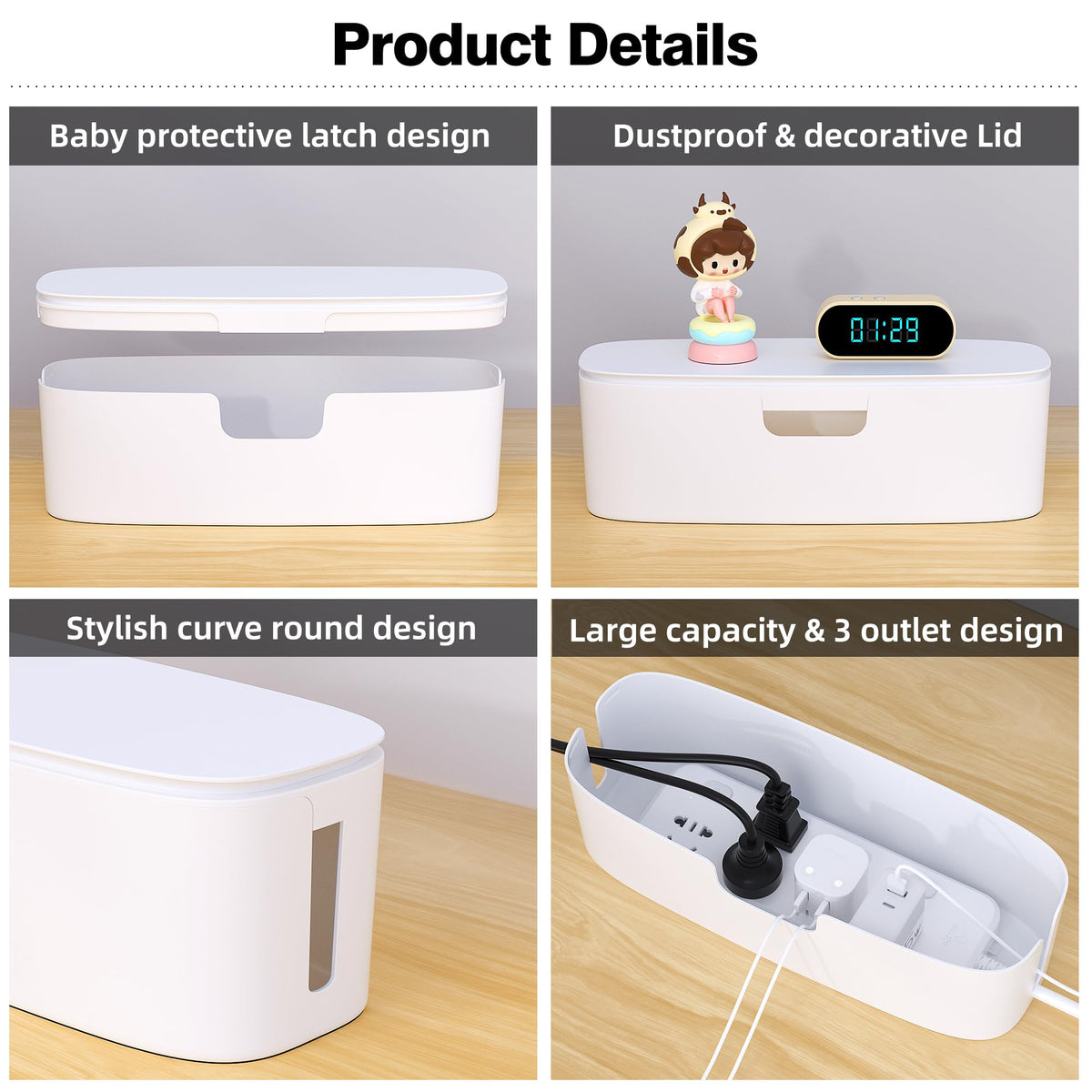Naeety Cable Management Box large white open lid revealing interior space