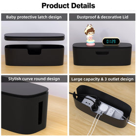 Naeety cable box with clips prevents cord clutter around computer setup