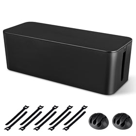Naeety front view of black cable management box showing sleek profile and concealed cords