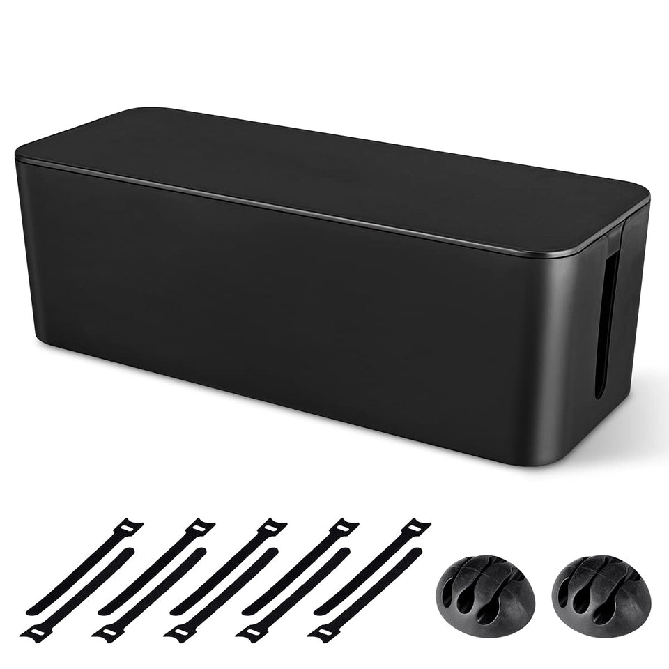 Naeety front view of black cable management box showing sleek profile and concealed cords