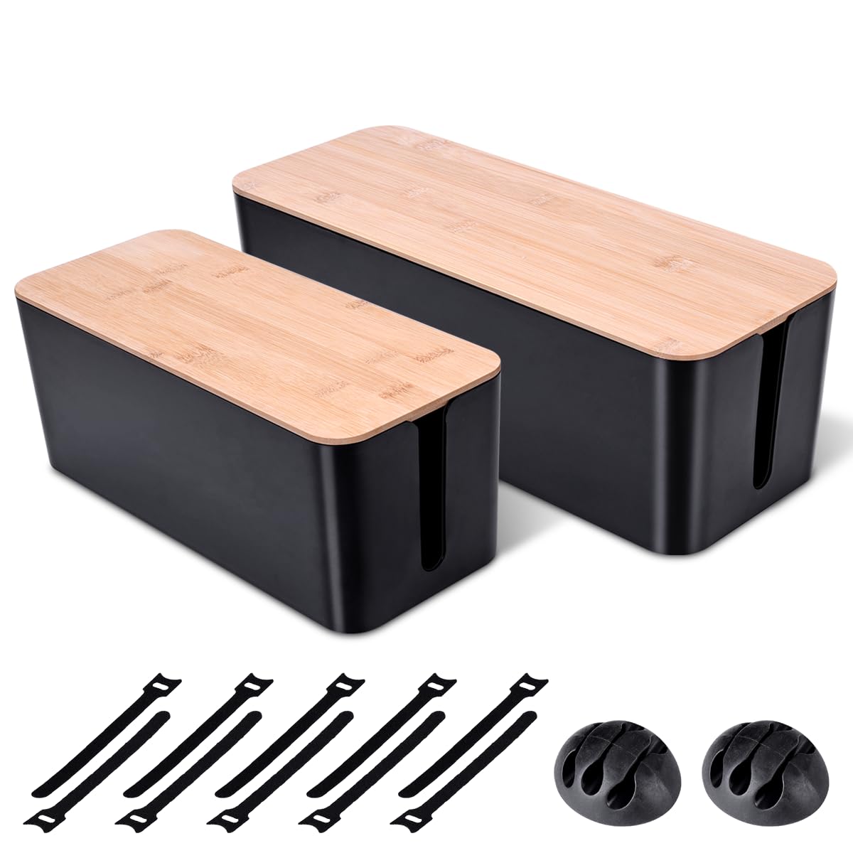 Naeety front view of two black cable management boxes showing clean aesthetics