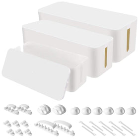 Naeety front view of three white organizer boxes showing neat desk benefit